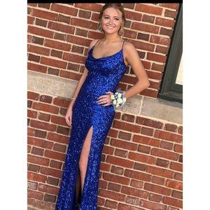 B. Darlin  Cowlneck royal blue embellished sequin ball gown dress size m…